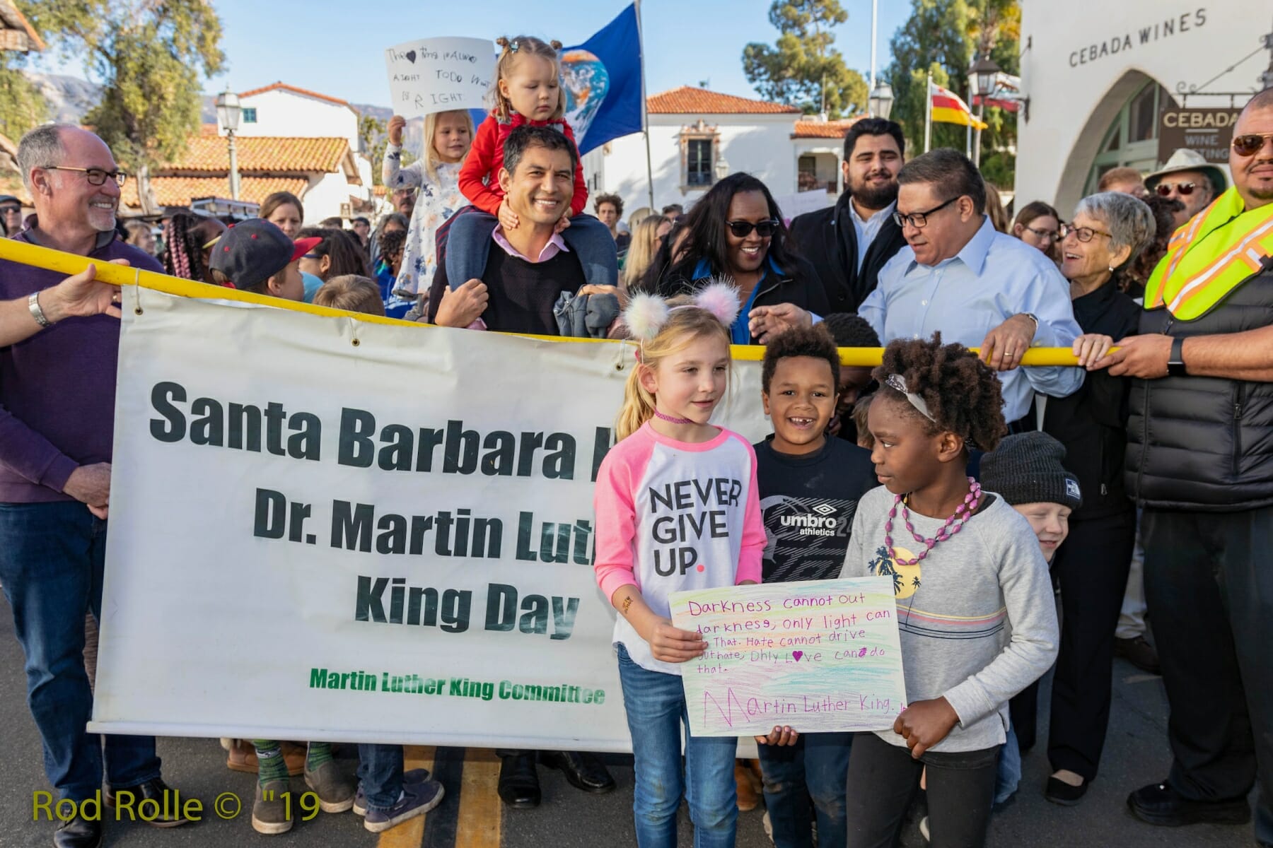 (January 2019) MLKSB Unity March, up State Street to the Arlington Theater.  MLK Jr holiday, MLKSB Morning Program in De La Guerra Plaza, Santa Barbara, CA.  (Photo by Rod Rolle)